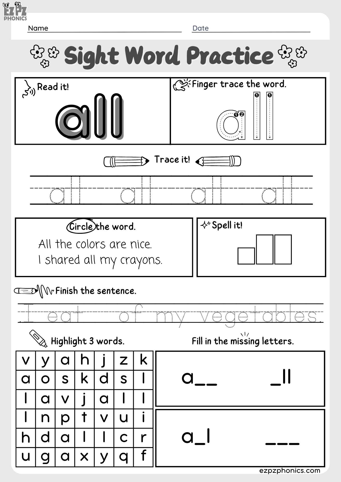 Dolch Kindergarten Sight Word “All” – Downloadable PDF Worksheet